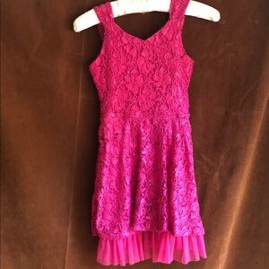 AUW Girls Bright Fuchsia Lace Party Dress with Tulle Hem